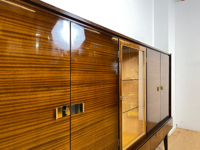 Besonders schöner dunkler Hochglanz Mid-Century Wohnzimmerschrank mit Vitrine und Schubladen I Schrankwand Highboard Sideboard Buffet Anrichte Wohnwand Vintage 50er 60er I