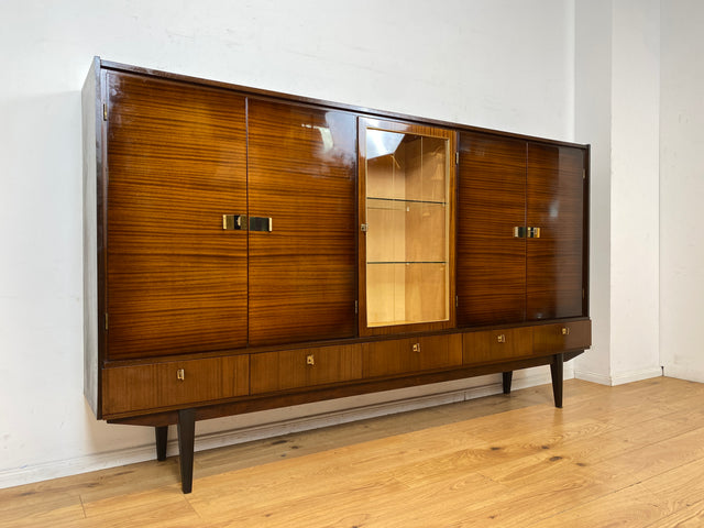 Besonders schöner dunkler Hochglanz Mid-Century Wohnzimmerschrank mit Vitrine und Schubladen I Schrankwand Highboard Sideboard Buffet Anrichte Wohnwand Vintage 50er 60er I