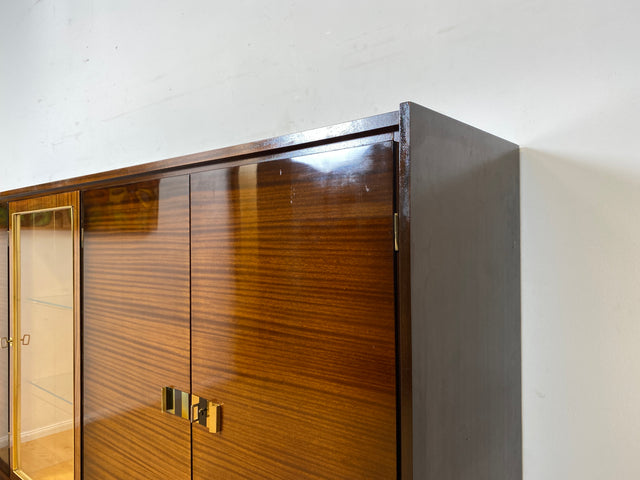 Besonders schöner dunkler Hochglanz Mid-Century Wohnzimmerschrank mit Vitrine und Schubladen I Schrankwand Highboard Sideboard Buffet Anrichte Wohnwand Vintage 50er 60er I
