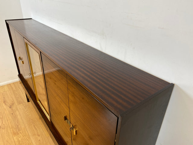 Besonders schöner dunkler Hochglanz Mid-Century Wohnzimmerschrank mit Vitrine und Schubladen I Schrankwand Highboard Sideboard Buffet Anrichte Wohnwand Vintage 50er 60er I