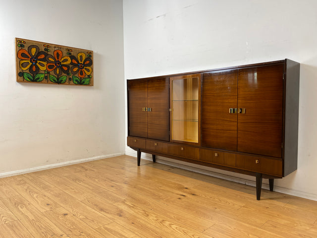 Besonders schöner dunkler Hochglanz Mid-Century Wohnzimmerschrank mit Vitrine und Schubladen I Schrankwand Highboard Sideboard Buffet Anrichte Wohnwand Vintage 50er 60er I