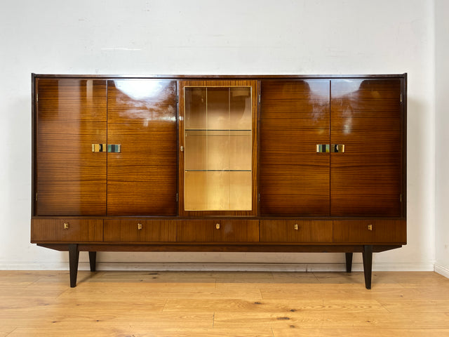 Besonders schöner dunkler Hochglanz Mid-Century Wohnzimmerschrank mit Vitrine und Schubladen I Schrankwand Highboard Sideboard Buffet Anrichte Wohnwand Vintage 50er 60er I