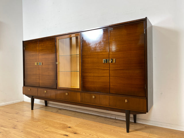 Besonders schöner dunkler Hochglanz Mid-Century Wohnzimmerschrank mit Vitrine und Schubladen I Schrankwand Highboard Sideboard Buffet Anrichte Wohnwand Vintage 50er 60er I