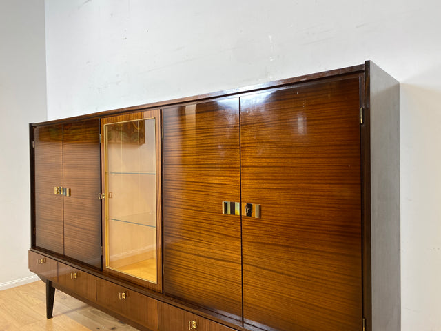 Besonders schöner dunkler Hochglanz Mid-Century Wohnzimmerschrank mit Vitrine und Schubladen I Schrankwand Highboard Sideboard Buffet Anrichte Wohnwand Vintage 50er 60er I