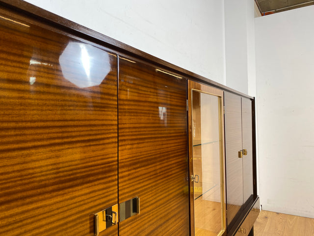 Besonders schöner dunkler Hochglanz Mid-Century Wohnzimmerschrank mit Vitrine und Schubladen I Schrankwand Highboard Sideboard Buffet Anrichte Wohnwand Vintage 50er 60er I