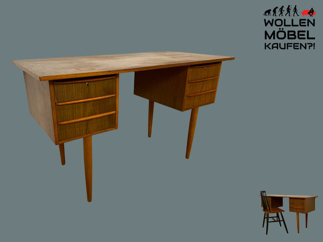 Schöner kleiner freistellender Mid-Century Schreibtisch in skandinavischem Design mit Schubladen und Holzgriffen I Arbeitstisch Bürotisch Sekretär Writing Desk Vintage 60er I