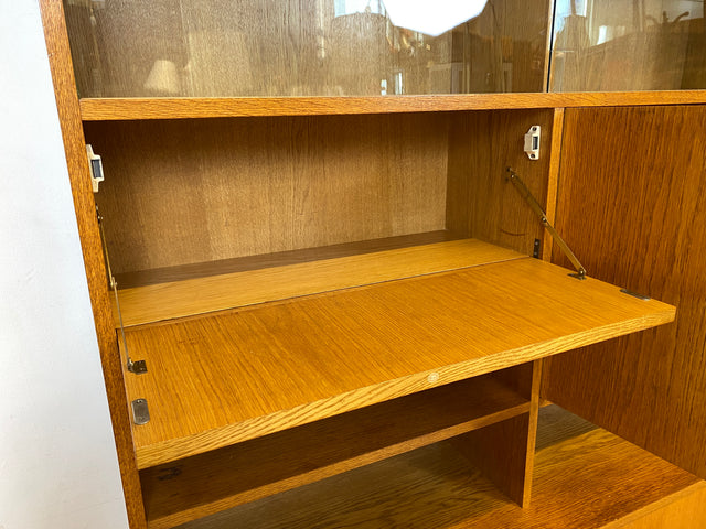 WMK I Hochwertiger großer Mid-Century Bücherschrank I Vollholz in Eiche I mit Vitrine und Schiebetüren I Büchervitrine Highboard Regalwand Eckregal Eckschrank Regal Wohnwand Vintage 50er 60er