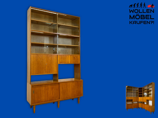 WMK I Hochwertiger großer Mid-Century Bücherschrank I Vollholz in Eiche I mit Vitrine und Schiebetüren I Highboard Büchervitrine Regalwand Eckregal Eckschrank Regal Wohnwand Vintage 50er 60er