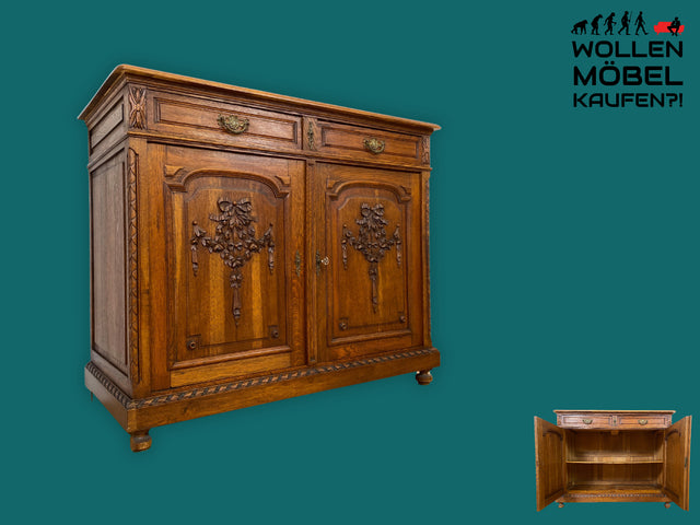 Vornehme handverzierte antike Anrichte aus Eiche mit Schubladen und edlem Messingbeschlag I Schrank Kommode Wickelkommode Küchenschrank Bauernschrank Sideboard Jugendstil Vintage I