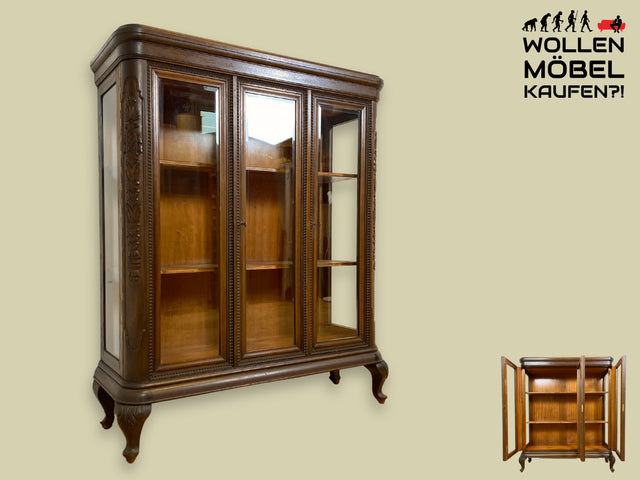 WMK I Hochwertige handverzierte antike Vitrine aus vollem Holz mit facettiertem Gläsern I Glasvitrine Vitrinenschrank Büchervitrine Bücherschrank Regal Bücherregal Geschirrschrank Gründerzeit Vintage