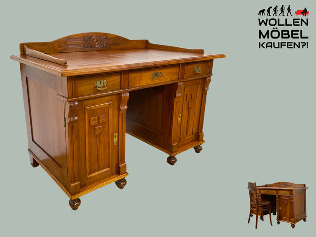 Eleganter und gut erhaltener handverzierter antiker Schreibtisch mit edlem Messingbeschlag I Massivholz in Eiche I Arbeitstisch Bürotisch Sekretär Jugendstil Vintage I