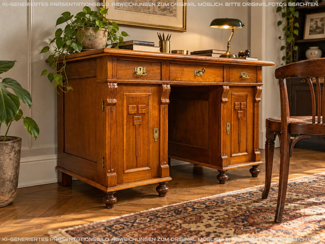 Eleganter und gut erhaltener handverzierter antiker Schreibtisch mit edlem Messingbeschlag I Massivholz in Eiche I Arbeitstisch Bürotisch Sekretär Jugendstil Vintage I