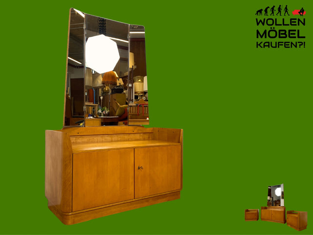 Formschöne helle Mid-Century Spiegelkommode mit großem Spiegel I Frisierkommode Schminkkommode Schminktisch Wäschekommode Sideboard Kommode Wäschekommode Vintage 50er 60er I