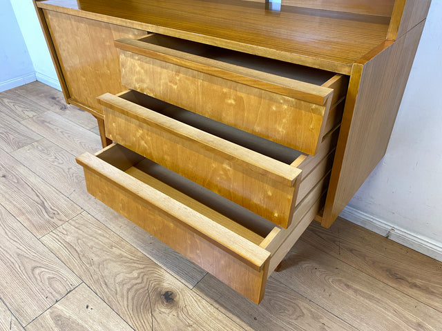 Stilvoller heller 60er Jahre Bücherschrank mit abnehmbarem Regal Oberteil & Schubladen I Bücherregal Highboard Sideboard Kommode Geschirrschrank Vintage Mid-Century 50er
