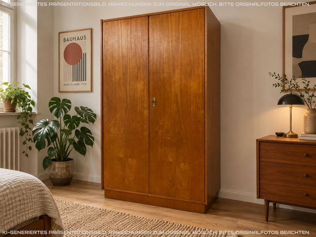 Perfekt aufgeteilter heller 60er Jahre Kleiderschrank mit Kleiderstange und Einlegeböden I Schrank Schlafzimmerschrank Garderobe Flurschrank Mid-Century Vintage Retro I