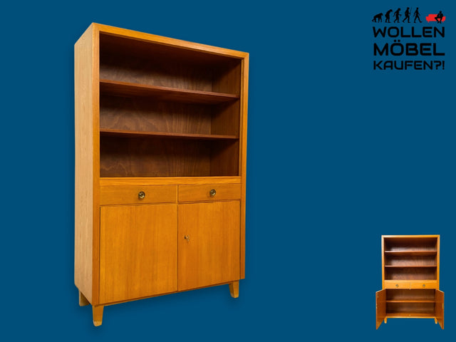 WMK I Hochwertiger heller Mid-Century Bücherschrank von Musterring aus vollem Holz mit Schubladen I Schrank Highboard Bücherregal Regal Sideboard Vintage Retro 50er 60er I Berlin Hamburg Stuttgart