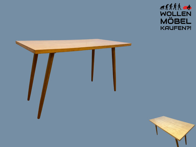 Minimalistischer heller Mid-Century Couchtisch mit Intarsien und zeittypischen konischen Tischfüßen