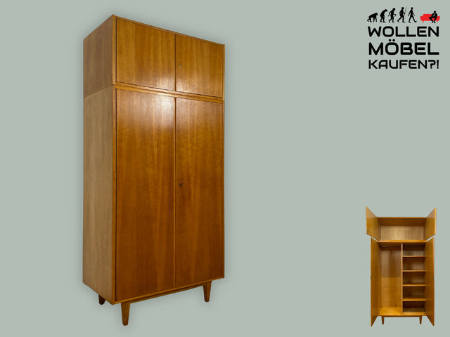 Schöner und perfekt aufgeteilter heller Mid-Century Kleiderschrank in Eiche mit Aufsatz I Schrank Wäscheschrank Schlafzimmerschrank Flurschrank Garderobenschrank Vintage 60er I