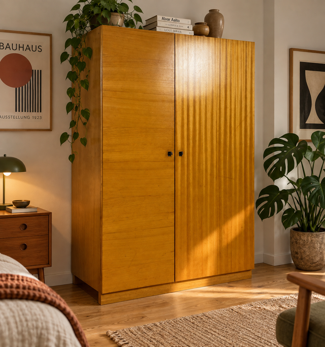 Stilvoller und perfekt aufgeteilter heller Mid-Century Kleiderschrank mit Kleiderstange und Böden I Schrank Schlafzimmerschrank Garderobe Flurschrank Vintage Retro 60er 70er I