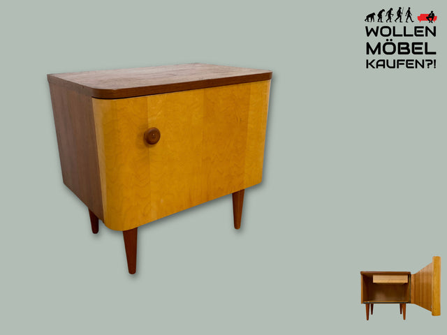 Freundlicher heller Mid-Century Nachttisch mit Schublade und konischen Füssen I Nachtkommode Nachtschrank Nachtschränkchen Kommode Beistelltisch 50er 60er Rockabilly Vintage I