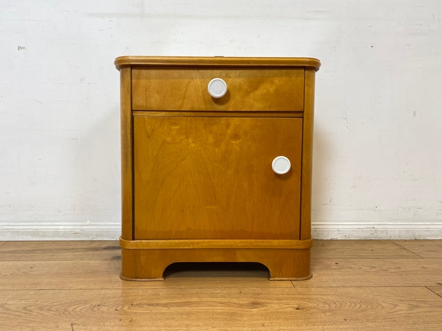 Freundlicher heller Mid-Century Nachttisch mit Schublade und Glasauflage I Vollholz furniert I Nachtkommode Nachtschrank Nachtschränkchen Kommode 60er Vintage I