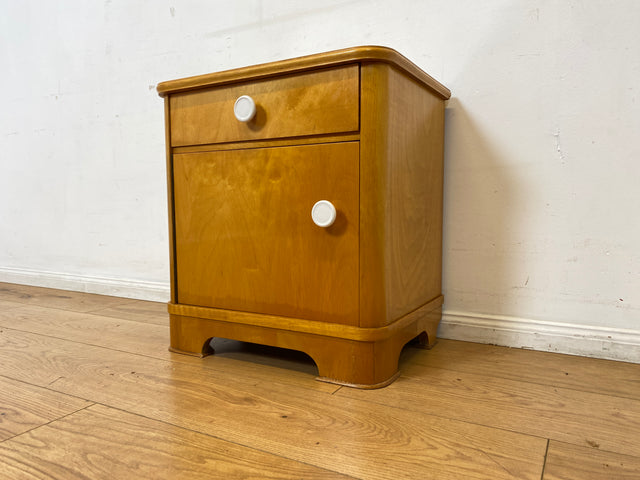Freundlicher heller Mid-Century Nachttisch mit Schublade und Glasauflage I Vollholz furniert I Nachtkommode Nachtschrank Nachtschränkchen Kommode 60er Vintage I