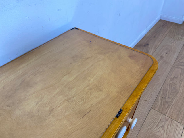 Freundlicher heller Mid-Century Nachttisch mit Schublade und Glasauflage I Vollholz furniert I Nachtkommode Nachtschrank Nachtschränkchen Kommode 60er Vintage I