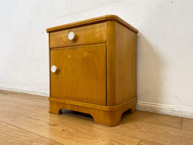 Freundlicher heller Mid-Century Nachttisch mit Schublade und Glasauflage I Vollholz furniert I Nachtkommode Nachtschrank Nachtschränkchen Kommode 60er Vintage I