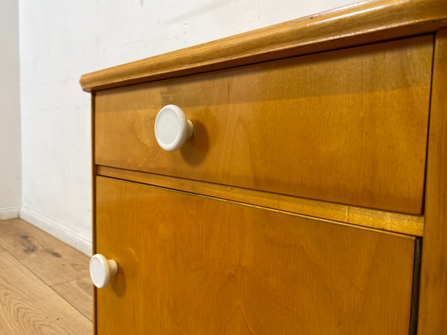 Freundlicher heller Mid-Century Nachttisch mit Schublade und Glasauflage I Vollholz furniert I Nachtkommode Nachtschrank Nachtschränkchen Kommode 60er Vintage I