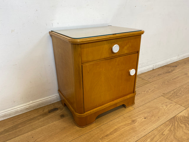 Freundlicher heller Mid-Century Nachttisch mit Schublade und Glasauflage I Vollholz furniert I Nachtkommode Nachtschrank Nachtschränkchen Kommode 60er Vintage I