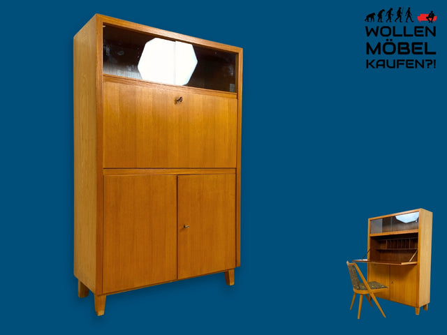 WMK I Hochwertiger heller Mid-Century Schreibschrank von Musterring aus vollem Holz mit Vitrine I Sekretär Highboard Barschrank Schrank Schreibtisch Vintage Retro 50er 60er I Berlin Duisburg Hannover