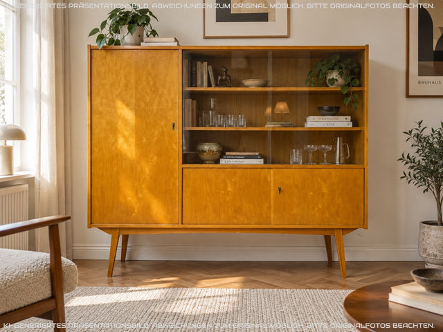 Schöner heller Mid-Century Wohnzimmerschrank aus 1964 mit verstellbaren Regalböden I Vitrine Highboard Glasvitrine Bücherschrank Büchervitrine Sideboard Schrank Vintage Retro 60er I
