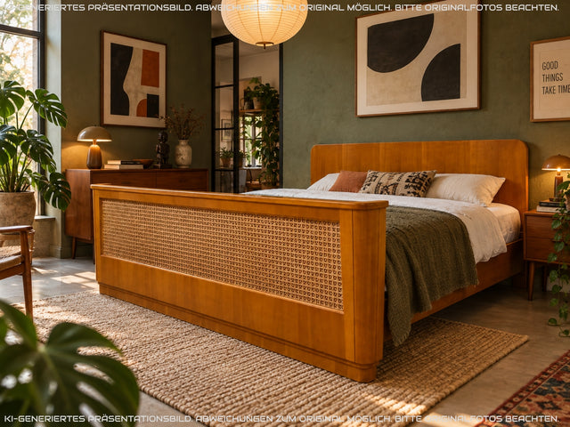 Besonders schönes helles Mid-Century Bett für 100x200cm Matratzen mit aufwendig gearbeitetem Rattan Geflecht I Doppelbett Holzbett Bettrahmen Schlafzimmer 50er 60er Vintage I