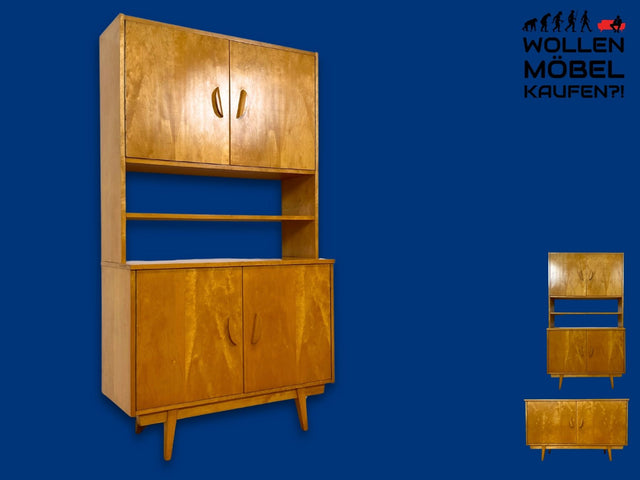Stilvolles helles Mid-Century Highboard aus vollem Holz in Birke mit hübschen Holzgriffen