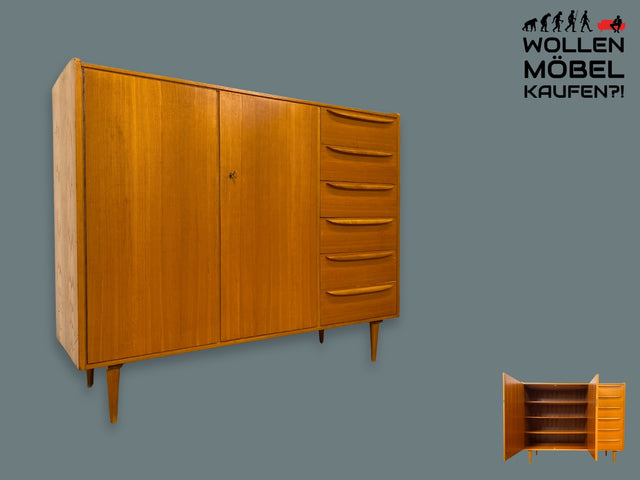 Hochwertiges helles Mid-Century Highboard aus vollem Holz in Kirschbaum mit Schubladen und formschönen Holzgriffen I Schrank Sideboard Anrichte Wäscheschrank Kommode Vintage 50er 60er