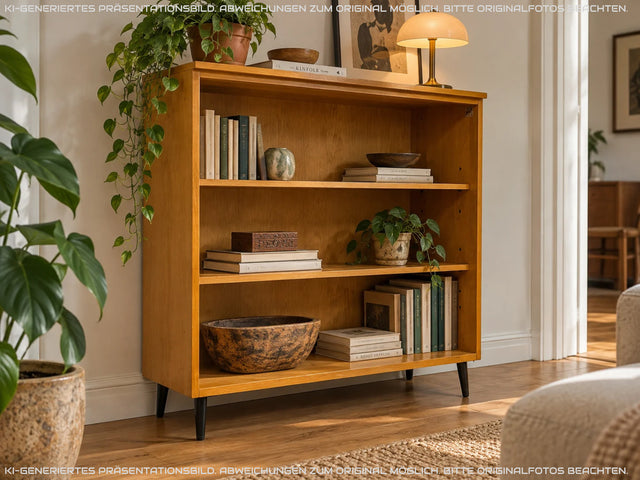 Minimalistisches helles Vintage Regal mit verstellbaren Regalböden & neuen Metallfüßen I Holzregal Bücherregal Bücherschrank Küchenregal Regalwand Mid-Century Retro 60er I