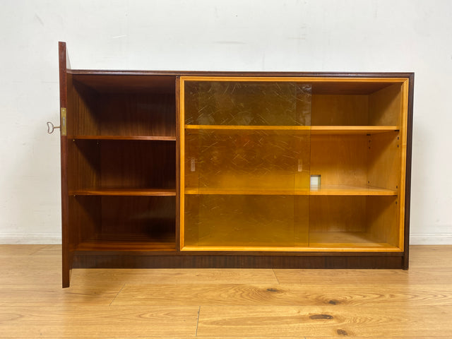 WMK I Hochwertige dunkle Mid-Century Vitrine mit original Ornamentglas I Schank Vitrinenschrank Bücherschrank Kommode Anrichte Glasvitrine Bauhaus Vintage 50er 60er Berlin Leipzig Augsburg Heidelberg