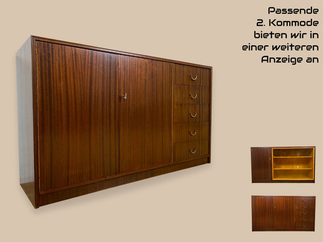 WMK I Hochwertige dunkle Mid-Century Vitrine mit original Ornamentglas I Schank Vitrinenschrank Bücherschrank Kommode Anrichte Glasvitrine Bauhaus Vintage 50er 60er Berlin Leipzig Augsburg Heidelberg