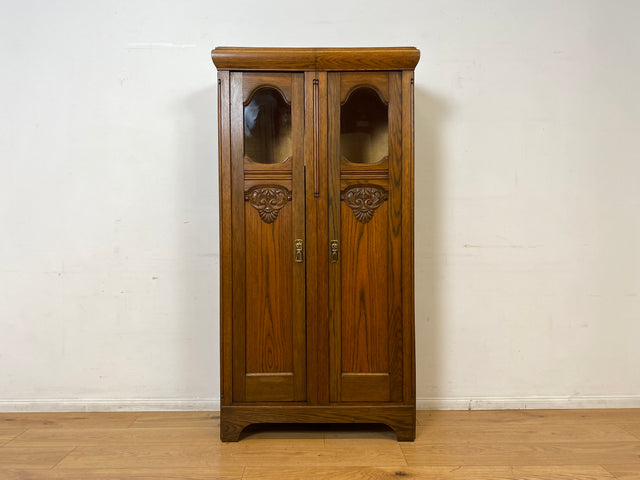 WMK I Hochwertiger antiker Schrank aus handverziertem Eichenholz mit Glastüren I Wäscheschrank Kleiderschrank Vitrine Bücherschrank Flurschrank Vertiko Jugendstil Vintage I