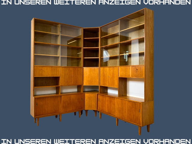 WMK I Hochwertiger hoher Mid-Century Eckschrank I Vollholz in Eiche I mit verstell. Regalböden I Eckregal Highboard Bücherschrank Büchervitrine Regalwand Regal Wohnwand Vintage 50er 60er I