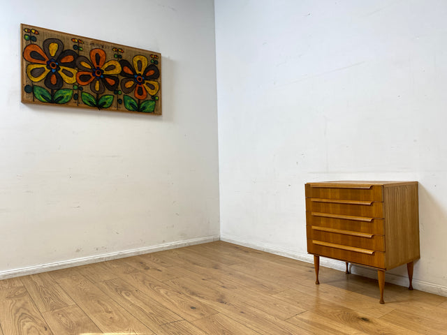 Stilvolle kleine helle Mid-Century Kommode in Esche mit Schubladen & formschönen Holzgriffen I Schubladenkommode Schrank Wäschekommode Ablage Sideboard Retro Vintage 60er I