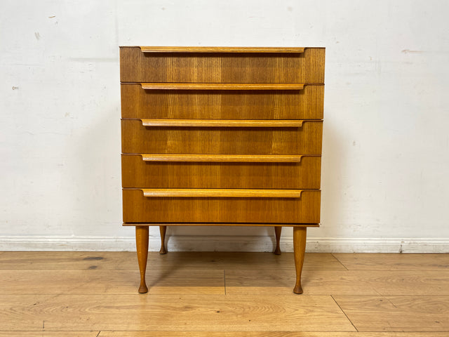 Stilvolle kleine helle Mid-Century Kommode in Esche mit Schubladen & formschönen Holzgriffen I Schubladenkommode Schrank Wäschekommode Ablage Sideboard Retro Vintage 60er I