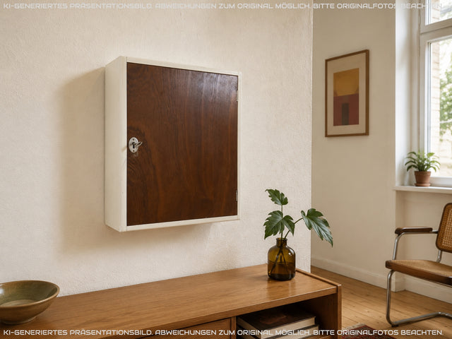 Sehr schöner kleiner skandinavischer 50er Jahre Hängeschrank in weiß mit Tür in Eiche I Hängeschränkchen Schlüsselkasten Medizinschrank Badezimmerschrank Vintage Mid-Century I
