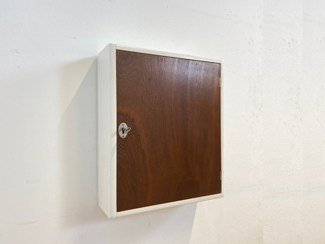 Sehr schöner kleiner skandinavischer 50er Jahre Hängeschrank in weiß mit Tür in Eiche I Hängeschränkchen Schlüsselkasten Medizinschrank Badezimmerschrank Vintage Mid-Century I