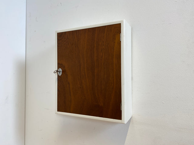 Sehr schöner kleiner skandinavischer 50er Jahre Hängeschrank in weiß mit Tür in Eiche I Hängeschränkchen Schlüsselkasten Medizinschrank Badezimmerschrank Vintage Mid-Century I