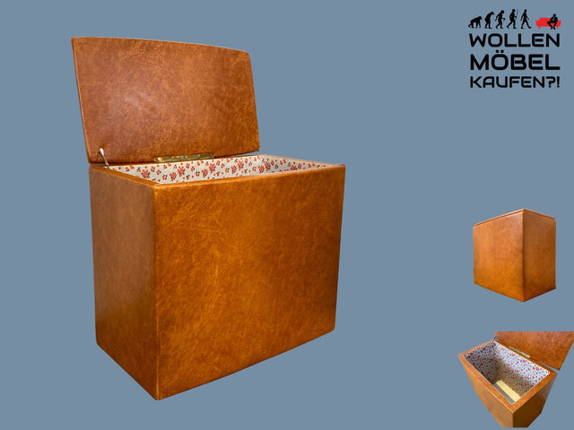 Kultige Retro Truhe in braunem Kunstleder mit besonders schönem floralem Innenleben I Wäschetruhe Kiste Wäschekorb Wäschekommode Spielzeugtruhe Vintage Mid-Century 60er I