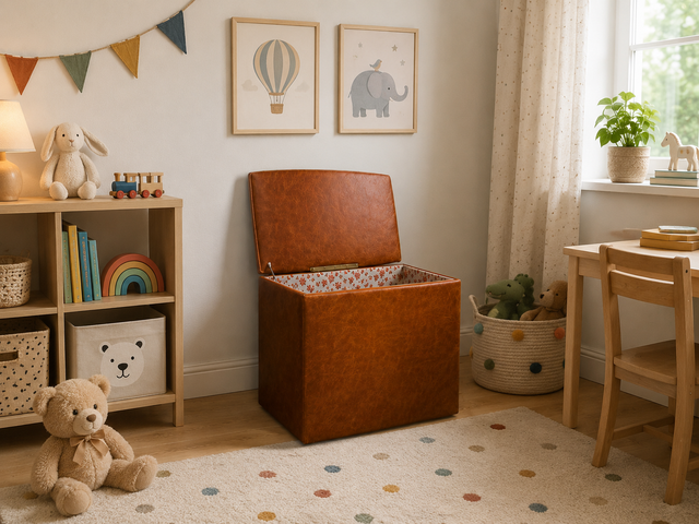 Kultige Retro Truhe in braunem Kunstleder mit besonders schönem floralem Innenleben I Wäschetruhe Kiste Wäschekorb Wäschekommode Spielzeugtruhe Vintage Mid-Century 60er I