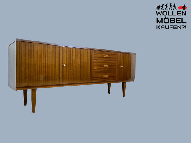 Stilvolles langes dunkles 70er Jahre Sideboard mit Schubladen und Holzgriffen I Anrichte Schrank Kommode TV Board Bank Lowboard Fernsehschrank Mid-Century Vintage 60er I