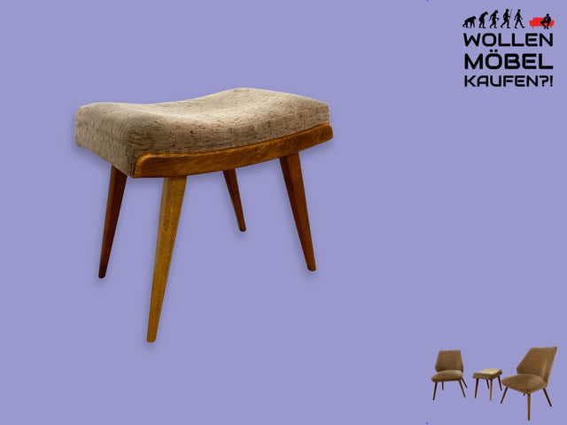 WMK I Versand I Formschöner und bequemer Mid-Century Hocker mit braunem Originalbezug und konischen Füßen