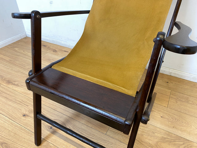 WMK I Eleganter & hochwertiger dunkler Mid-Century Klappsessel mit Stoff in Senf Gelb